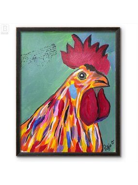 Barnyard King Rooster Chicken Original Art 14x11 Painting Canvas Signed Decor